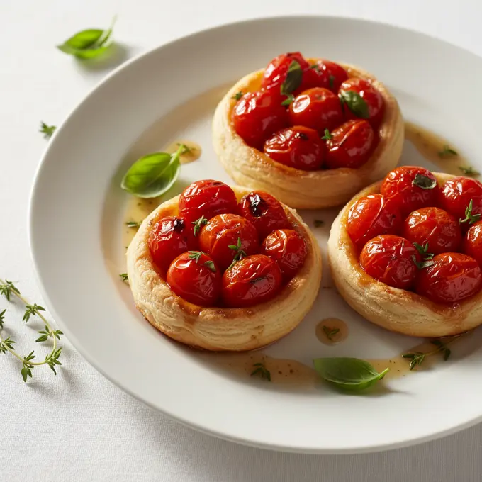 Mini tatins de tomates cerises caramélisées au basilic