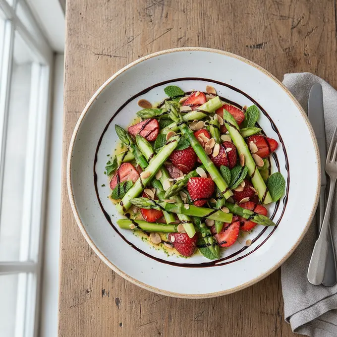 Salade croquante d&rsquo;asperges vertes et fraises au balsamique